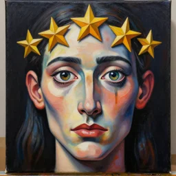 Intricate five star Halloween facial portrait by Pablo Picasso, oil on canvas, HDR, high detail, Photo realistic, hyperrealism,matte finish, high contrast, 3d depth, Centered, masterpiece, vivid and vibrant colors, enhanced light effect, enhanced eye detail,artstationhd