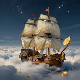 Pirate ship sailing in a sea of clouds by Gustave Courbet and Edward Hopper, overflowing with gold, star lit sky, ultra realistic, 4k