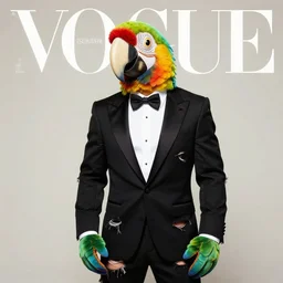 cute fashion vogue parrot man man wearing a parrot costume wearing a tuxedo ripped physique simon stalenhag gerald brom bastien grivet greg rutkowski portrait