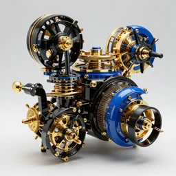 a complex machinery, gold, gloss black, blue, glossy, by android jones