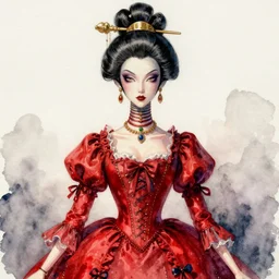 watercolor painting of avant - garde portrait of a lotita bjd geisha vampire queen with a long neck in a victorian red dress painted by yoshitaka amano, tom bagshaw, ayami kojima, intricate detail, artstation, artgerm, in the style of dark - fantasy rococo, gold leaf art, sakura flowers