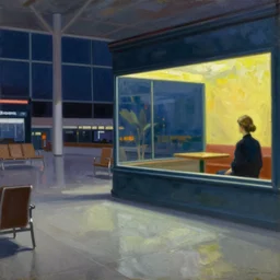 night. woman alone in the spacious airport lounge. painting by edward hopper