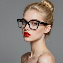 A high quality studio photo of a skinny beautiful young blonde woman with a bun and red lipstick wearing big, large and thick and black eyeglasses, 35mm, studio lighting, grey background, digital art, oil painting