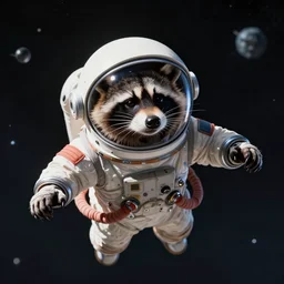 raccoon floating in space wearing a space helmet, photographic