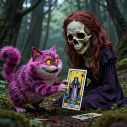 Alice meets the Cheshire Cat in the forest, death tarot card,highly detailed,half skull face,cinematic,8k,by Stanley Artgermm,Tom Bagshaw,Greg Rutkowski,Carne Griffiths, Ayami Kojima, Beksinski, Giger,trending on DeviantArt,hyper detailed,horror, full of colour