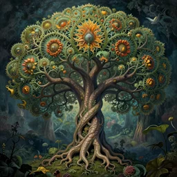 divine chaos engine by roger dean and andrew ferez, tree of life, symbolist, visionary, detailed, realistic, surreality, art forms of nature by ernst haeckel, deep rich moody colors, botanical fractal structures, art nouveau