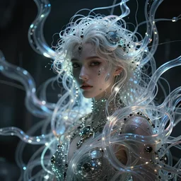 portrait of a beautiful woman entangled in fleshy translucent tendrils, chaotic ferrofluids, occult, photography by annie leibovitz, octane render, glow, dramatic lighting, intricate fine ornaments, translucency, lighting 8k, cinematic, blur, shallow depth of field, neuro web, plasma