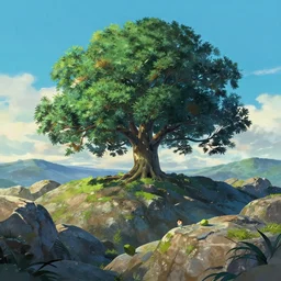 japanese tree in the rocky hills, Low level, rendered by Beeple, Makoto Shinkai, syd meade, simon stålenhag, synthwave style, digital art, unreal engine, WLOP, trending on artstation, 4K UHD image, octane render,