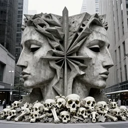 by francis bacon, vivian maier, mystical photography evocative. an intricate fractal concrete and steel carved sculpture of the secret faces of god and a pile of bones, standing in a city center.