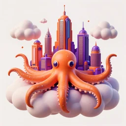 hyper-ornate sky city built on giant orange and purple cyborg octopus puffy clouds matte painting concept art alex grey salvador dali cinematic soft orange lighting high angle hd 8k sharp shallow depth of field