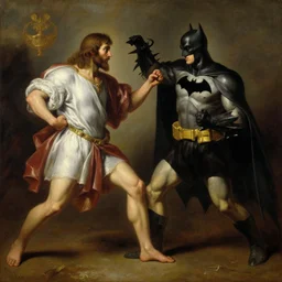 jesus fighting batman renaissance oil painting by da vinci