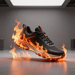 3d render of an fire sneaker on a room, flames, burning, coherent, symmetrical, cinematic, hyper realism, high detail, octane render, unreal engine, 8k, Vibrant colors, Smooth gradients, High contrast, trending on artstation