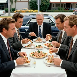 cars in business suits enjoying a power lunch of tuna and pizza crust at spago in the style of miami vice