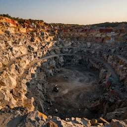 bottom-up view from a huge deep multicoloured rock quarry in the evening light ultra detailed by National Geographic style, golden hour, atmospheric lighting, 8k resolution, best color graded, vray beautiful, hyper-realistic render  W 1080 H 1080