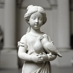 realistic photo of a a ancient girl sculpture doll made of white clay, holding a pigeon, greyscale grain 1 9 6 0, life magazine photo, natural colors, metropolitan museum, kodak