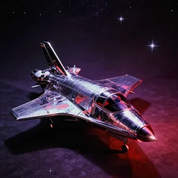 analog photo of a chrome spaceship, purple and red color bleed, multiple stars visible, gritty