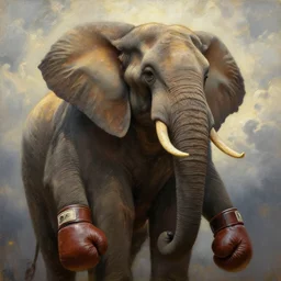 muscular oversized elephant, the body is a strong boxer champion with boxing gloves  , strong sun backlight sunrays  body , extreme very textured detailed portrait oil painting by rembrandt,   dramatic clouds and  atmosphere