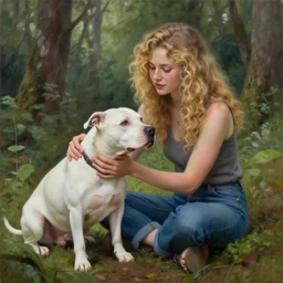 pretty girl with curly blonde hair sits in a forest while petting a white pitbull, highly detailed, painting by rebecca guay