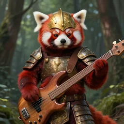 photo of a humanoid red panda dressed in armor with a golden helmet on the head, plays the bass guitar in the forest, highly detailed, digital painting, artstation, smooth, sharp focus, illustration, art by artgerm and greg rutkowski and alphonse mucha