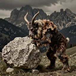 krampus eating a big boulder rock in the dolomites, hay fur, 1920s photography, grainy, eerie, dark
