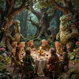 elves having a party with tree monsters by brian froud, highly detailed, intricate, fantasy, concept art, lighting by greg rutkowski