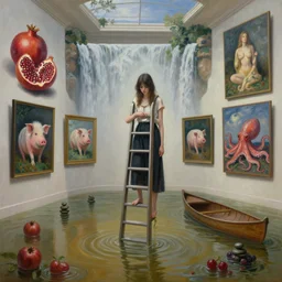 painting of a flooded fontainebleau art gallery, a tall emo girl holding an infinite ladder, paintings on the wall, pomegranates, waterfall, pigs, octopus, canoe, berries, zen, sensual, surrealist, by magritte and monet