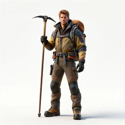 rugged mountaineer with ice axe, high detail digital art, full body, standing, isolated on a pure white background, centered, whole figure in frame, sharp focus, studio lighting