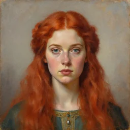 portrait painting of beautiful red head ancient irish priestess, by jeremy mann, only one head single portrait