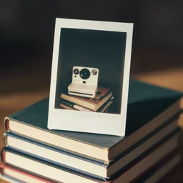 analog polaroid of a stack of books, vintage colors, color bleed, gritty