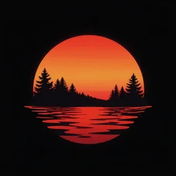 retrowave logo.big red orange gradient sun on black solid background.pam trees silhouette on the sun.wavy red water under sun