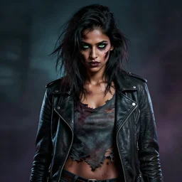 epic professional digital airbrushed portrait art of an attractive and athletic, mid-20s, East Indian supermodel emo female zombie wearing a torn, slightly low cut tee shirt under a leather jacket, with deep green eyes, scary portrait, walking dead, best on artstation, cgsociety, wlop, Behance, pixiv, cosmic, epic, stunning, gorgeous,, masterpiece by Dorian Cleavanger and Stanley Lau