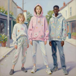 painting by martine johanna of 2 5 yo hunter schafer wearing a hoodie standing in a township street in the style of jeremy mann, street clothing, haute couture! fashion!, full figure painting by tom bagshaw, tara mcpherson, david choe, decorative flowers, detailed painterly impasto brushwork, pastel color palette, die antwoord