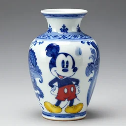 a delft blue vase with a happy mickey mouse meth depicted on it ; extremely detailed