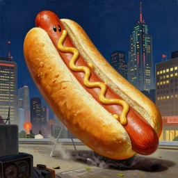movie poster of giant hotdog destroying a futuristic tokyo at night in the style of soviet realist paintings