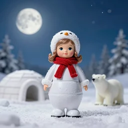 portrait of a tin toy eskimo girl, sky, winter, snow, 1 9 5 0 s, igloo, moon, polar bear, nicoletta ceccoli, mark ryden, lostfish, photography 4 k, f 1. 8 anamorphic, bokeh, 4 k, canon, nikon