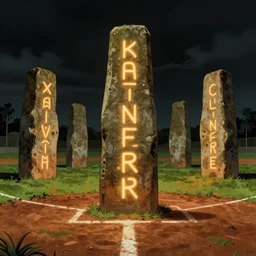 megalithic monoliths with glowing runes emerge from a baseball field. highly detailed pulp sci - fi horror illustration art. rich colors, high contrast, gloomy atmosphere, dark background.
