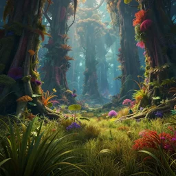 forest of giant weeds and grasses, colorful, vibrant, sci - fi concept art, in the style of no man's sky
