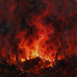 The big fire and the darkenss in us, oil painting, heavy imaspto technique, scarlet, infernal, despair, omnious, chiaroscuro