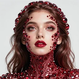 studio portrait of absurdly beautiful, elegant, young woman made of rubies looking up, ultrafine hyperrealistic detailed face illustration by kim jung gi, irakli nadar, intricate linework, sharp focus, bright colors, matte, octopath traveler, final fantasy, unreal engine highly rendered, global illumination, radiant light, intricate environment