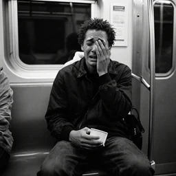 tony hawk with his legs cut off crying on a subway train, photograph, black and white, emotional lighting, moody shadows, 4 k