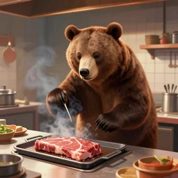 a bear is cooking meat in a restaurant kitchen, digital art