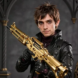 hyperrealistic portrait of gothic cyberpunk jimmy neutron holding a golden machine gun, 4 k, highly detailed, beautifully rendered