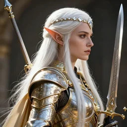 a detailed portrait profile view of the elves queen with white diamond headband and armor in golden and silver colors and a curve long sword, pointy small ears, full body, white long hair, detailed face, epic masterpiece of cinematographic hyperrealism, realistic shaded lighting poster by craig mallismo, artgerm, jeremy lipkin and michael garmash, unreal engine, radiant light, detailed and