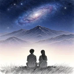 a beautiful landscape showing mountains, stars and galaxies in the background. The silhouet of a young couple sits in the foreground, drawn, sketch, anime style