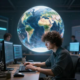a floating curly - haired young persian guy programmer programming a a world bubble in the void by david a hardy, noriyoshi ohrai, gary ruddell, greg rutkowski highly detailed, cinematic composition, trending on artstation