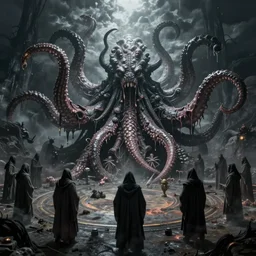 cultist circle summons cthulhu, dnd fantsay art, arkham horror, evil fluid, tentacles, creepy, by greg rutkowski