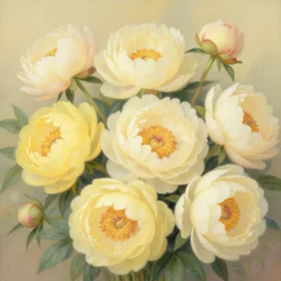 beautiful cluster of yellow, cream and ivory flowers, peonies, in the style of james jean and moebius, warm pastel colors,