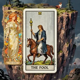 the fool tarot card rider waite, magic realism, huge cliff cliff cliff filling right half of image, fantasy, whimsical, art by josephine wall, art by pamela colman smith, league of legends splash art, hearthstone splash art, world of warcraft splash art, art by artgerm, art by alphonse mucha, trending on artstation