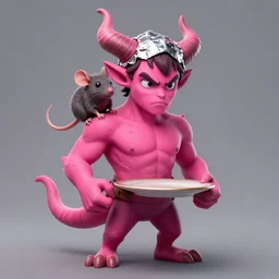 a young man with hot pink skin, horns, a rat on his shoulder, tinfoil hat, full plate, short dark hair, exasperated, character art, full body art, dungeons and dragons, d & d, trending on artstation, artgerm, 4 k ultra hd, sharp focus, digital art by ilya kuvshinov and ross tran