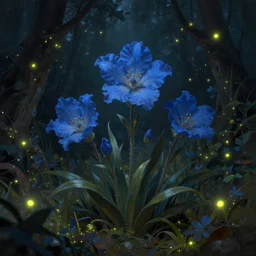 beautiful digital matter cinematic painting of whimsical botanical illustration blue flowers fireflies enchanted dark background, whimsical scene by greg rutkowki artstation